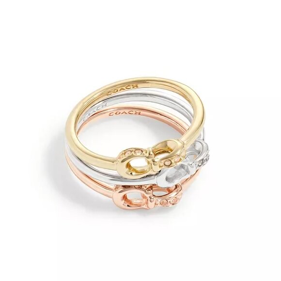 COACH Signature Pave Stackable 3 Ring Set Gold, Rose Gold, Silver - Size 7 NEW - Picture 3 of 5